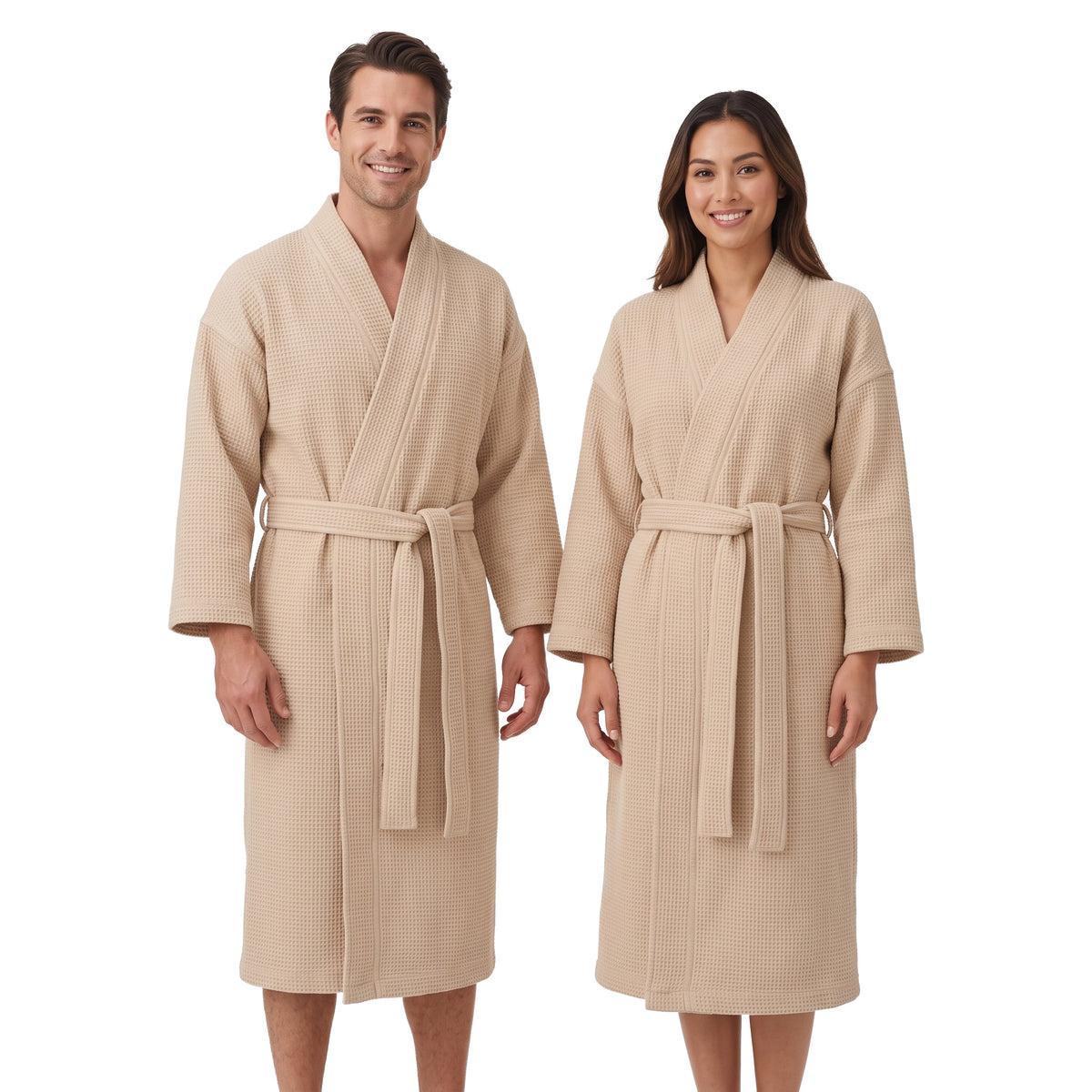Bademantel Damen & Herren Waffelpiqué Baumwolle - Leicht, Unisex, mit Gürtel