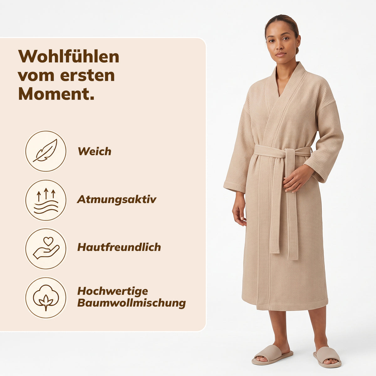Bademantel Damen & Herren Waffelpiqué Baumwolle - Leicht, Unisex, mit Gürtel