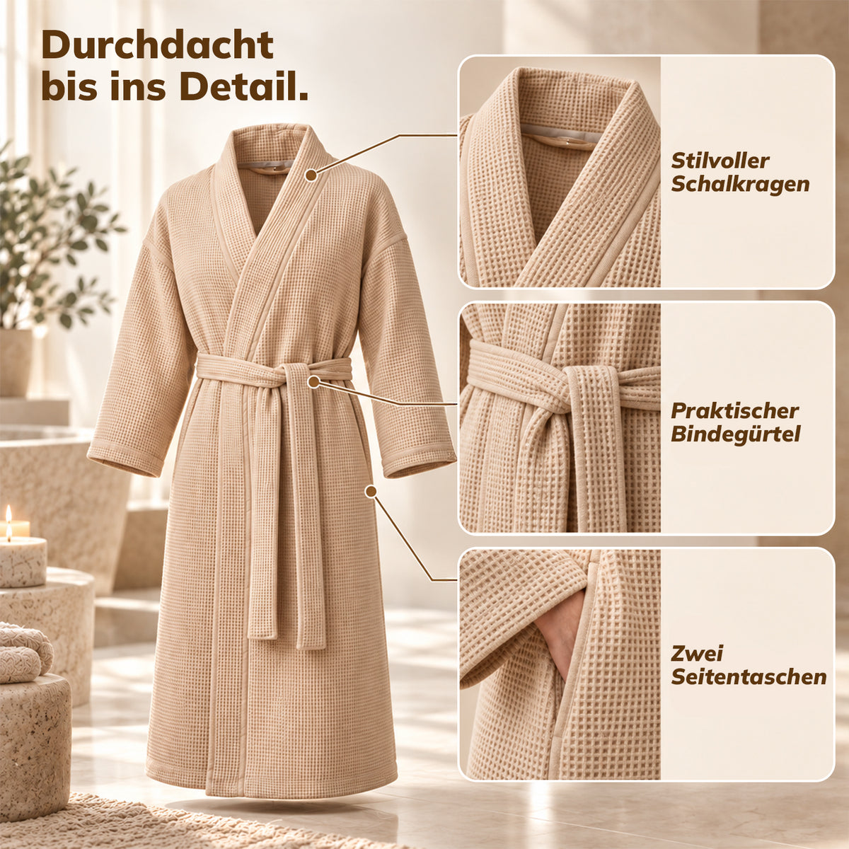 Bademantel Damen & Herren Waffelpiqué Baumwolle - Leicht, Unisex, mit Gürtel
