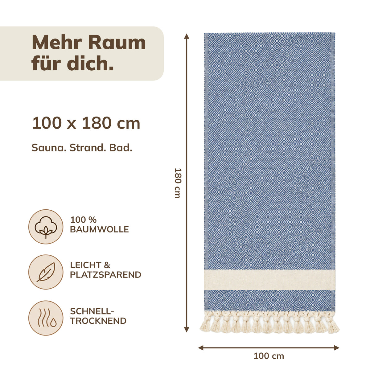 Hamamtuch XXL 100x180 cm - Saunatuch & Strandtuch aus 100% Baumwolle