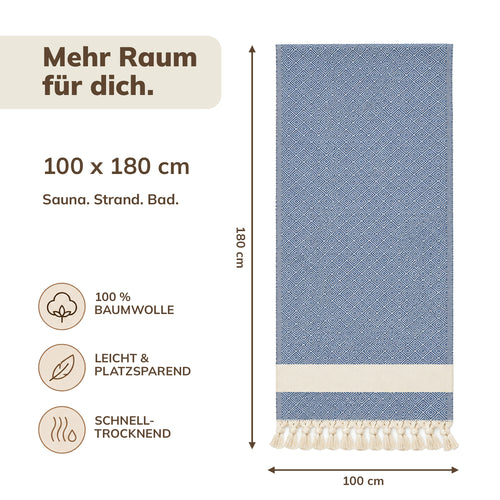 Hamamtuch XXL 100x180 cm - Saunatuch & Strandtuch aus 100% Baumwolle